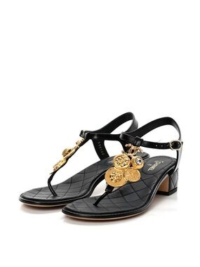 Chanel Calfskin Black Quilted Leather Gold Medallion Embellished Sandal Size 41